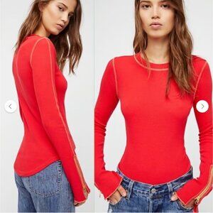 Free People Red Thermal Waffle Knit Long Sleeve with Zipper Cuffs Lightweight S